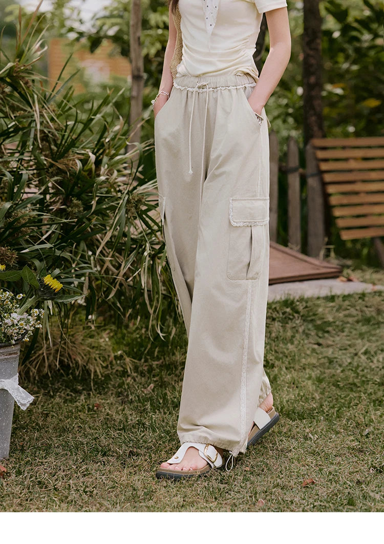 MISHOW Apricot Cargo Pants Lace Patchwork Drawstring Elastic MXE33K0935