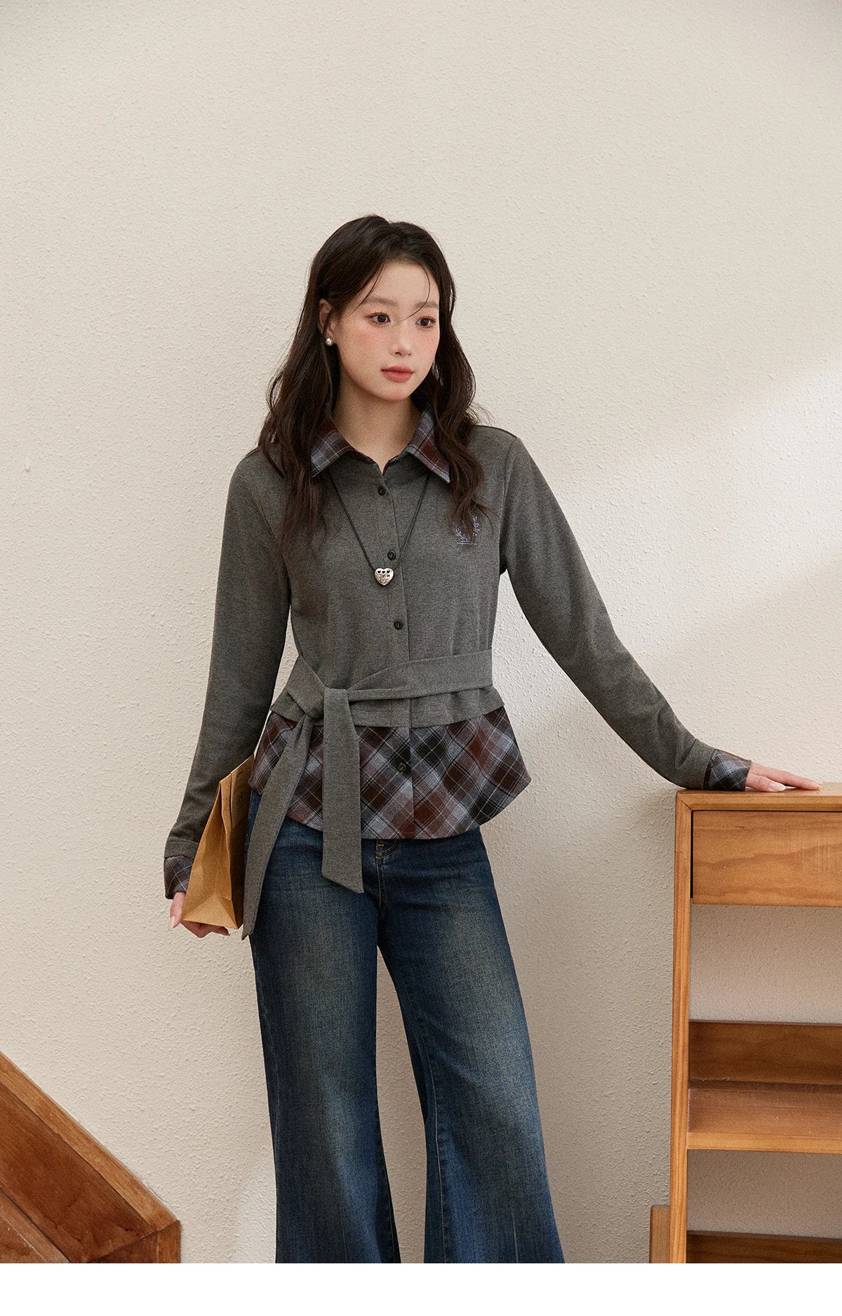 MISHOW Fake Two-Piece Plaid Shirt Lapel Waist Tie Embroidery MXE89C2421