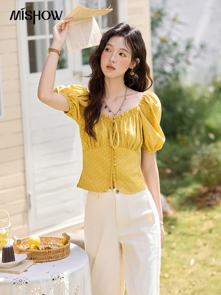 MISHOW Yellow Polka Dot One Shoulder Blouse Back Elastic Lace-Up MXE35X1840