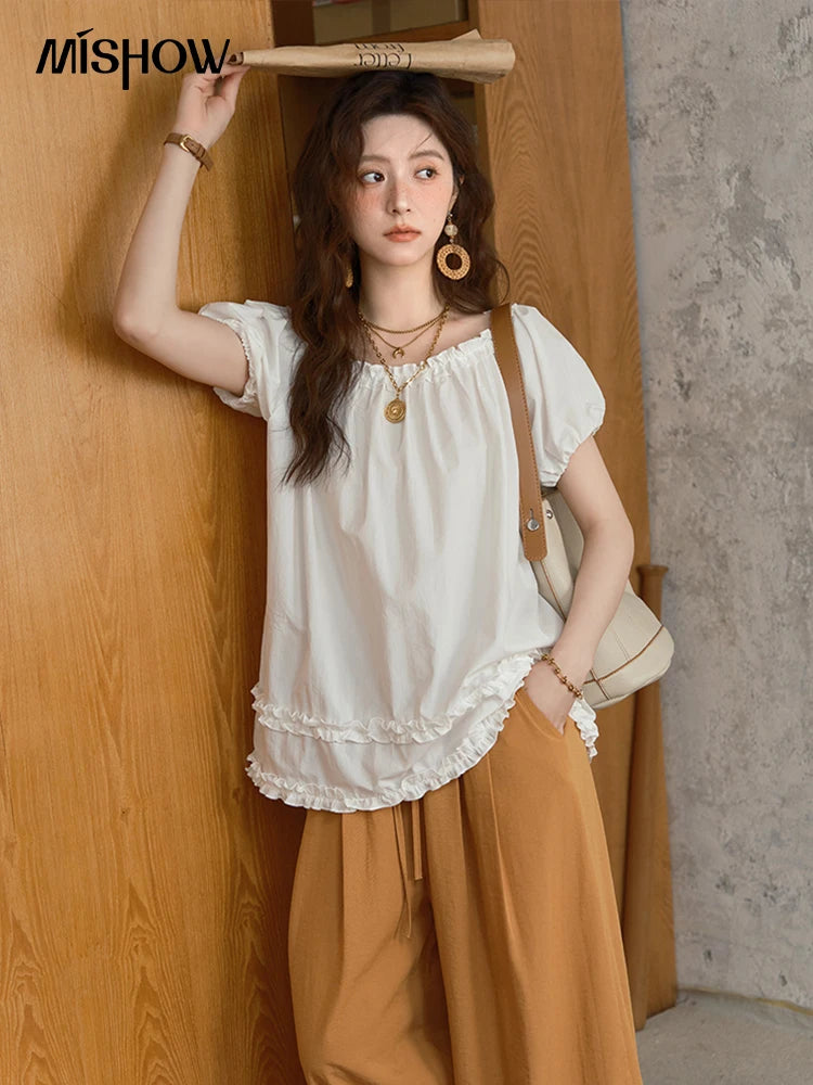MISHOW Puff Sleeve Blouse Edible Tree Fungus Spliced MXE39X1929