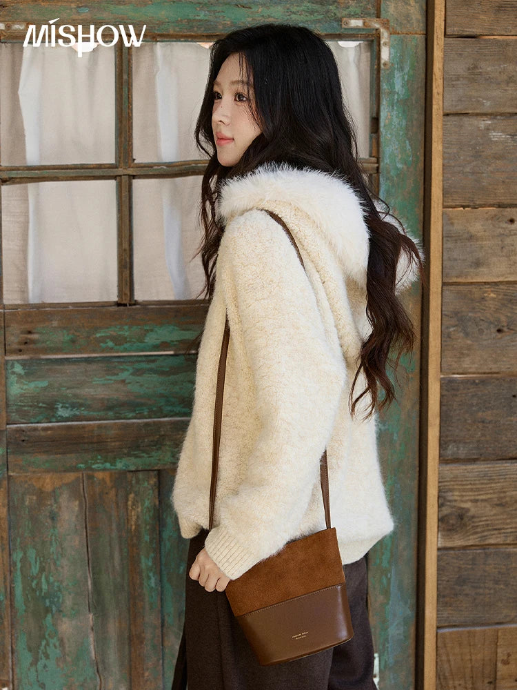 Mishow Beige Fur Hood Zipper Cardigan MXE94Z2963