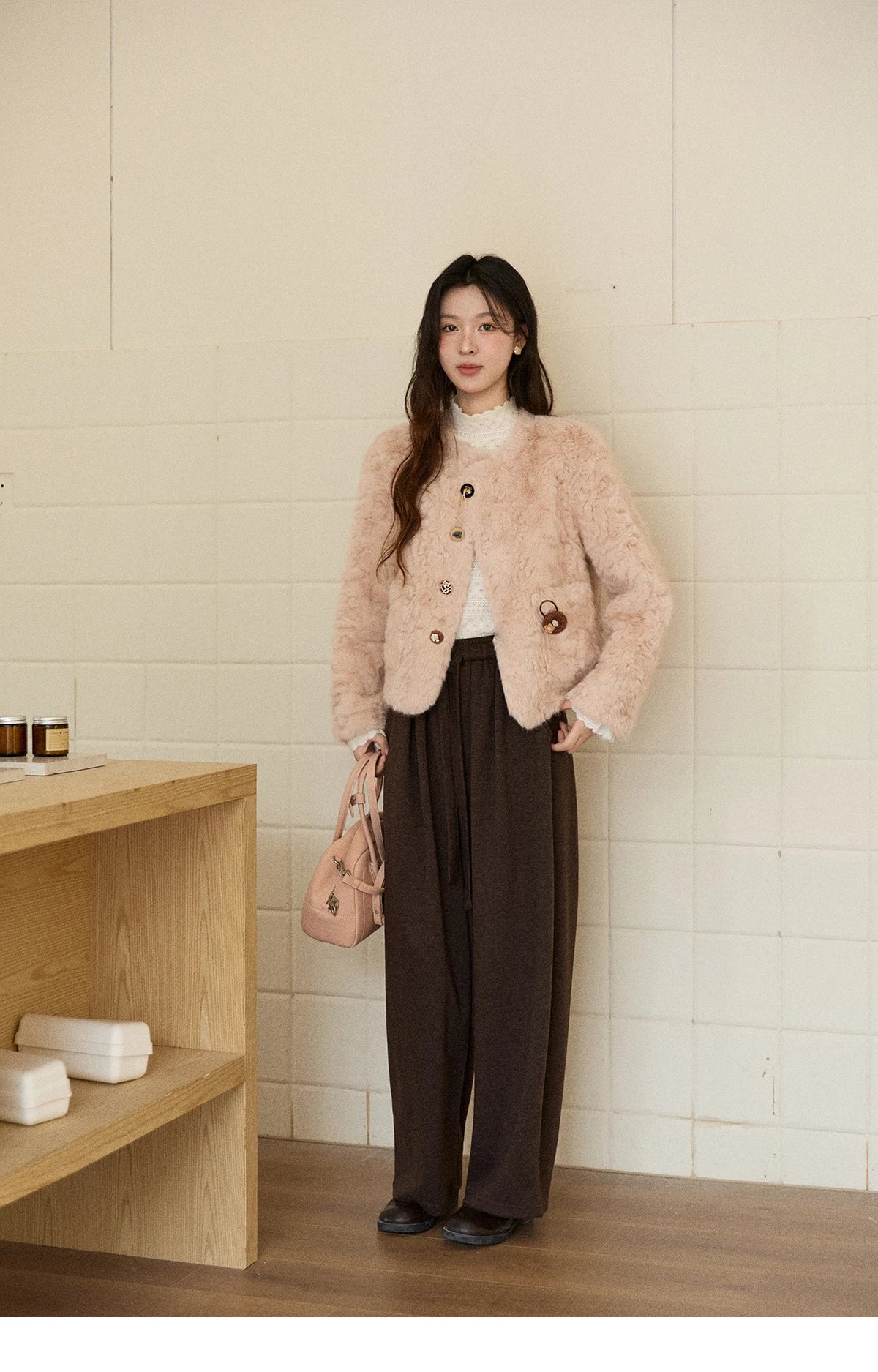 Mishow Sweet Pink Faux Rabbit Fur Coat MXE87W0990