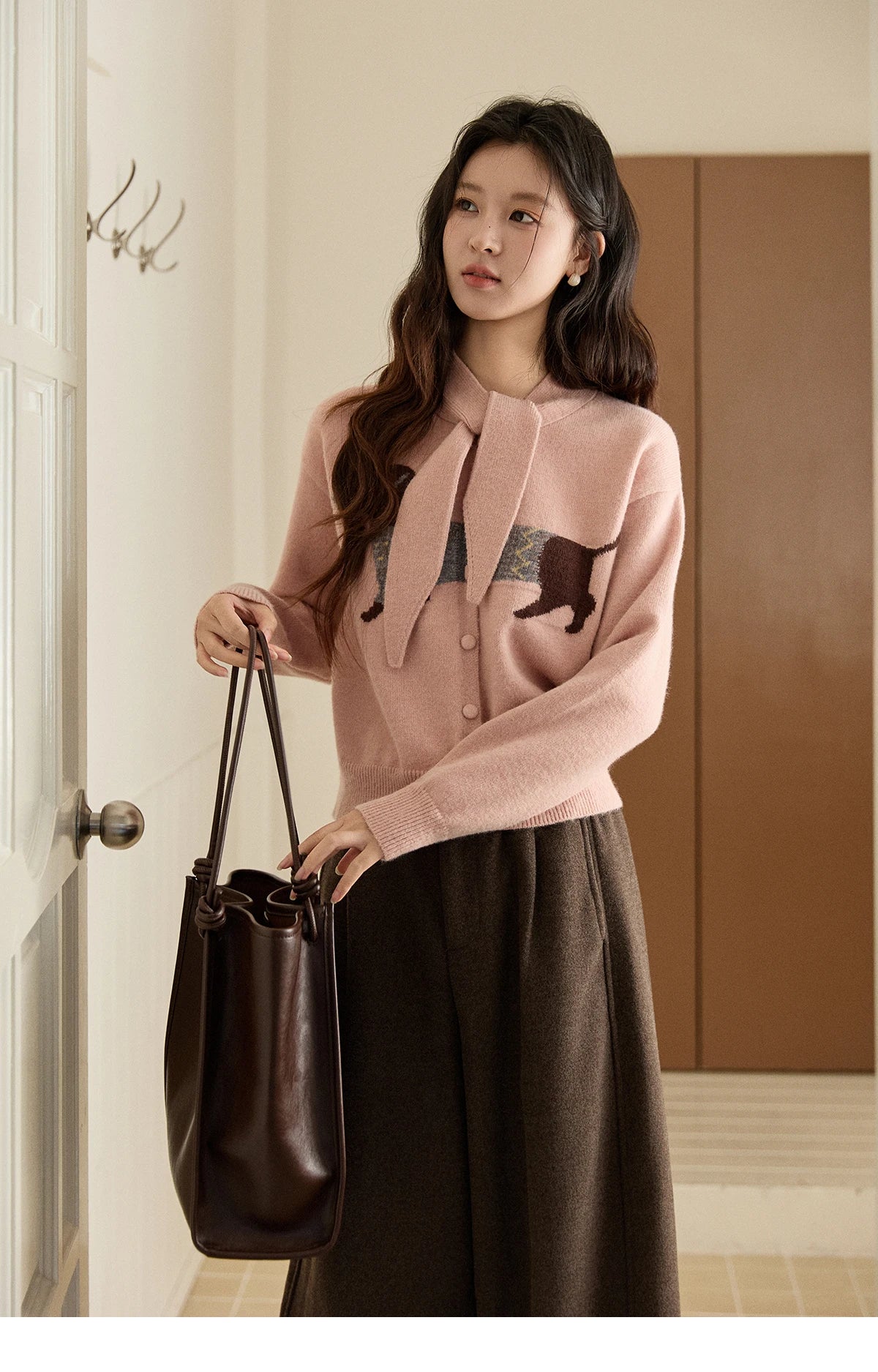 Mishow Pink Dachshund Pattern Bow Collar Cardigan MXE94Z2997