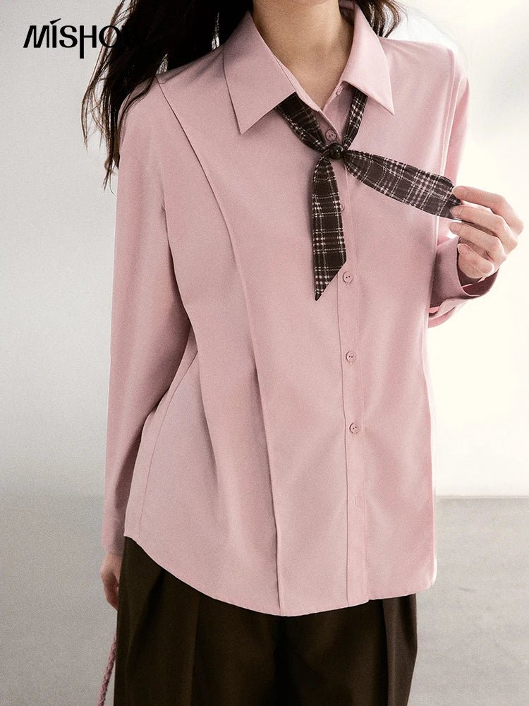 MISHOW Casual Loose Shirt with Plaid Scarf Lapel Top MXF108C0815