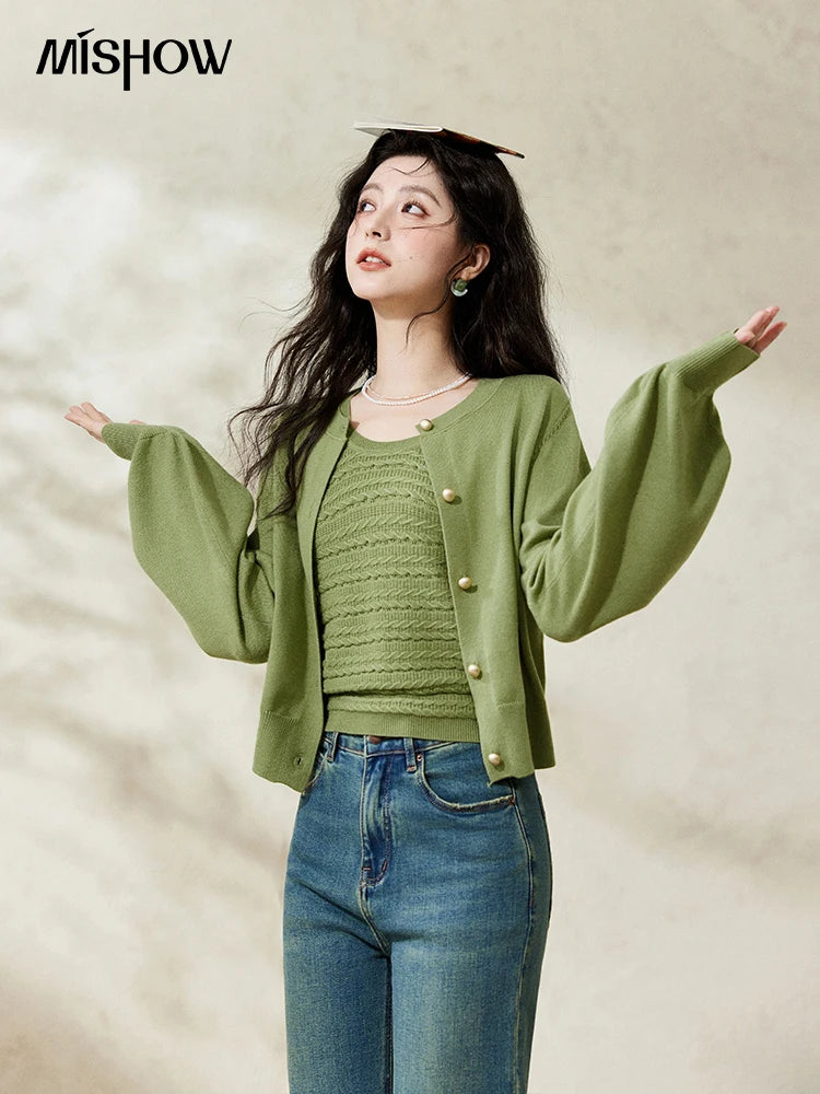 Mishow Avocado Green Metal Button Crochet Cardigan MXE11Z1188