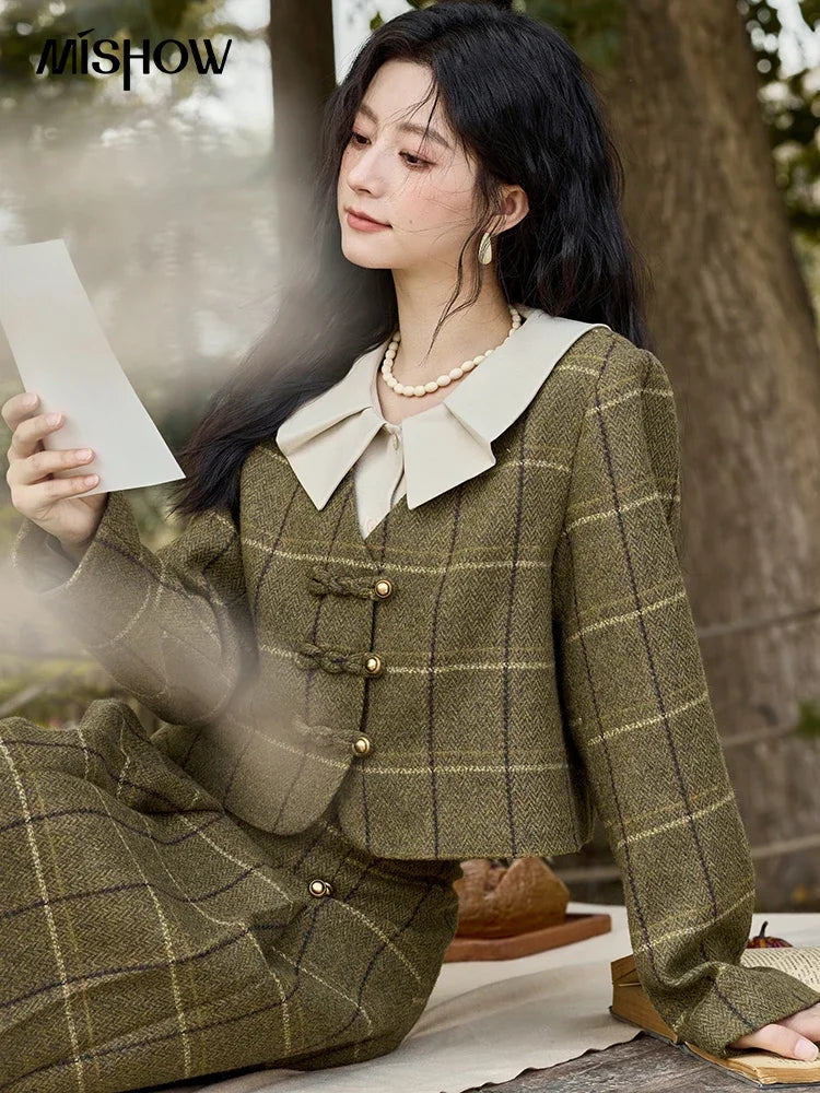 Mishow Retro Plaid Doll Collar Tweed Jacket & Pleated Skirt Set MXD48W0469