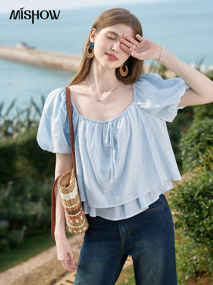 MISHOW Square Neck Blouse Tied Lantern Sleeve Double Layered Hem MXD26X1551