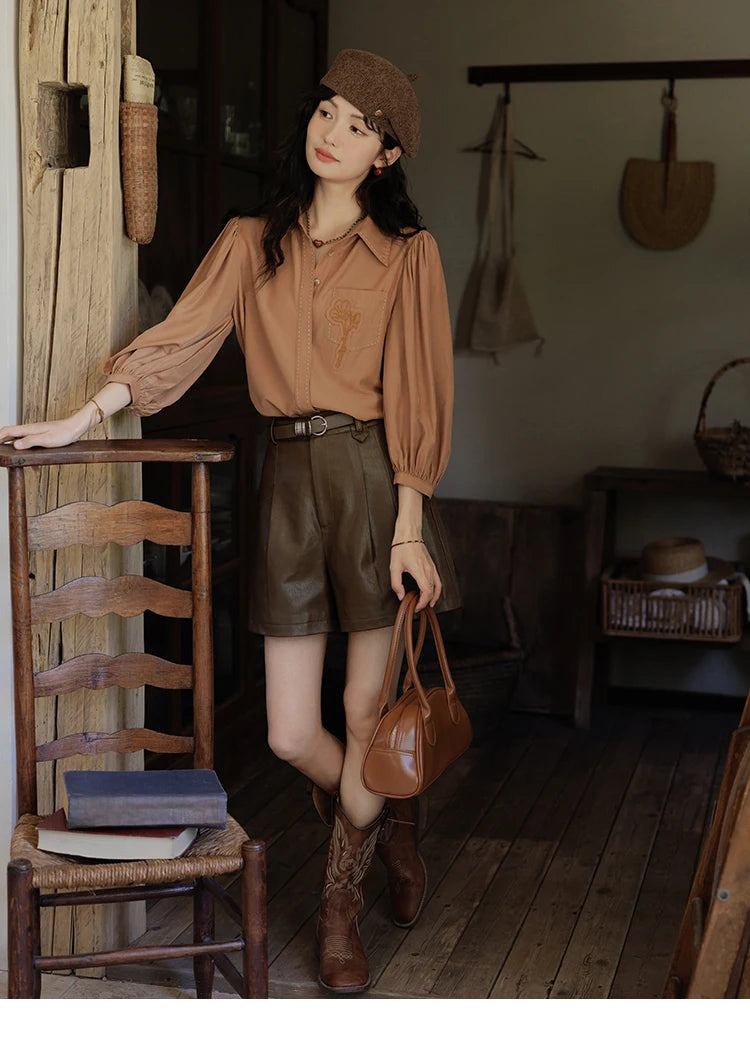 MISHOW Retro Long Sleeve Shirt Lantern Sleeve Embroidery MXD41C0287