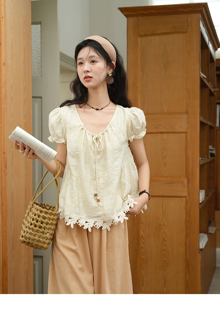 MISHOW French Round Neck Lace Up Blouse Embroidery Puff Sleeve MXE39X1956