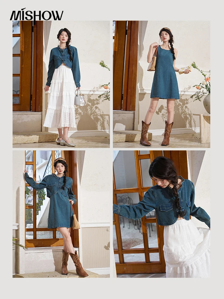 Mishow Retro Chinese Buckle Denim Vest Dress MXD14L1771