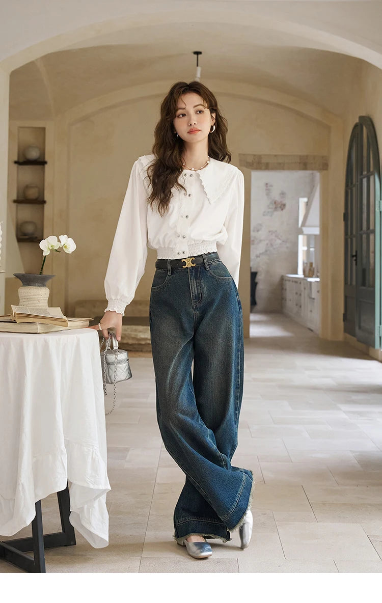 Mishow American Retro Wide Leg Jeans with Tassel Hem MXD12K0538