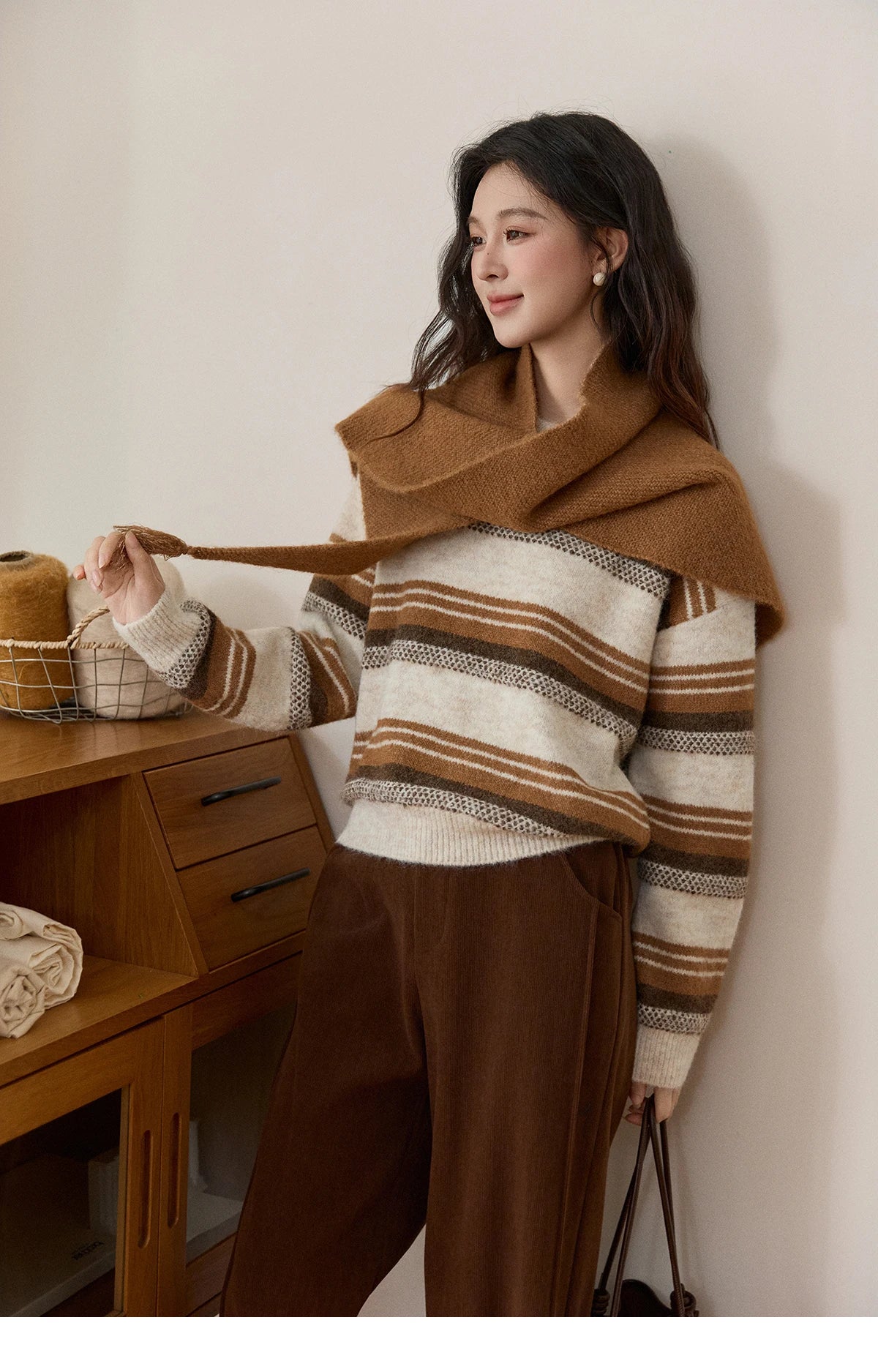 Mishow Wool Blend Retro Striped Sweater with Scarf MXE94Z2987
