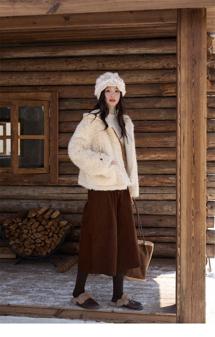 MISHOW Beige Knitted Hooded Plush Coat Warm Windproof MXE86W0908