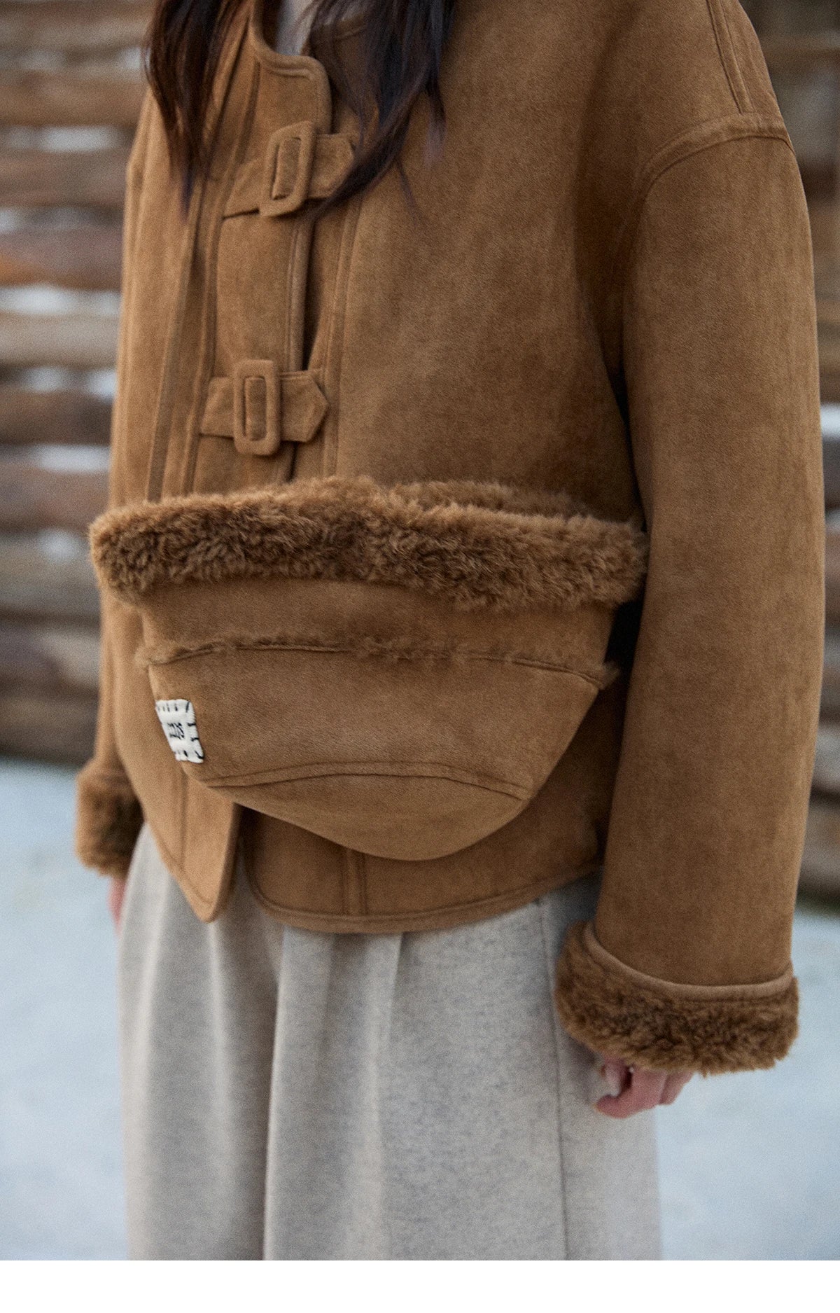 MISHOW Brown Round Neck Coat Button Pockets Loose Windproof MXE90W0994