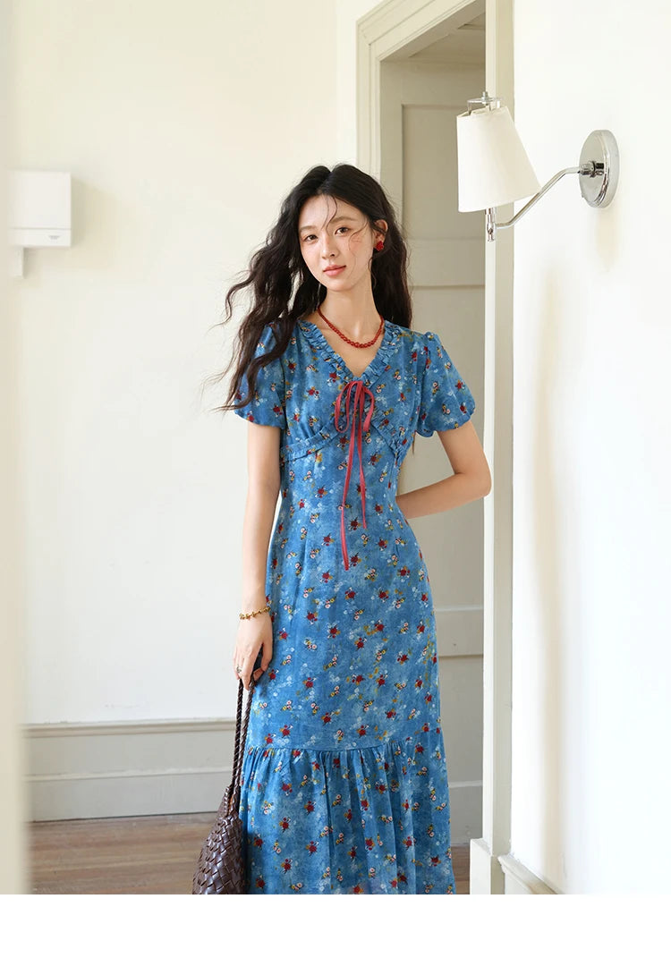 Mishow V-Neck Lace-Up Puff Sleeve Chiffon Dress MXE39L2401