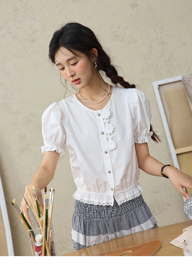 MISHOW Lace Puff Sleeve Shirt Flower Buttons Hem Elastic MXE34X1820