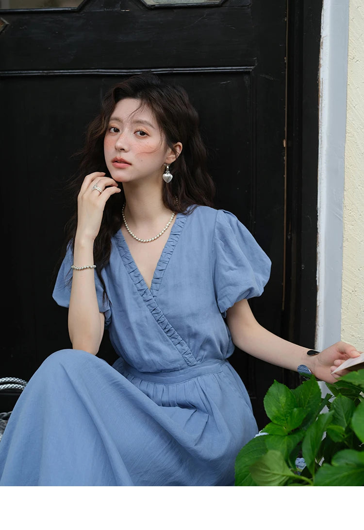 Mishow V-Neck Puff Sleeve Pocket Sash Dress MXE39L2381