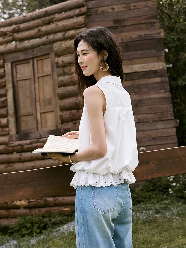 MISHOW Sleeveless Blouse Turn-Down Collar Hollow Lace MXE31X1760