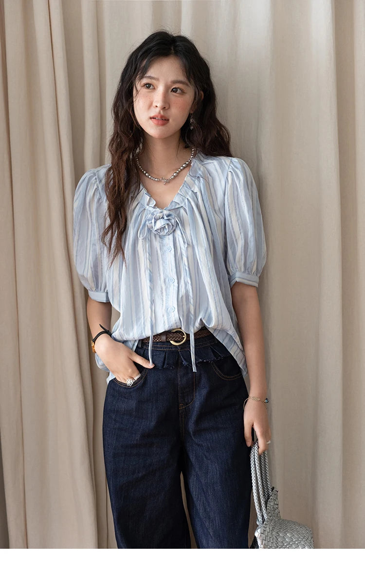 MISHOW Striped Puff Sleeve V-Neck Button Shirt MXE36X1870