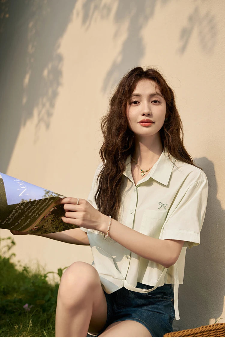 MISHOW Same Color Bow Embroidered Shirt Asymmetric Hem MXD23C0257