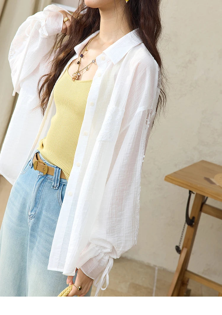 MISHOW Women's Patchwork Lace Shirt Lapel Drop Sleeve Drawstring Cuffs MXE31C0789
