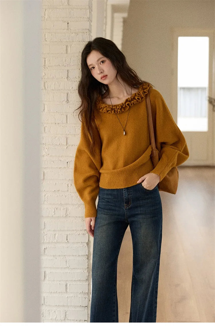 Mishow Orange Lotus Edge Lantern Sleeve Pullover MXE86Z2726
