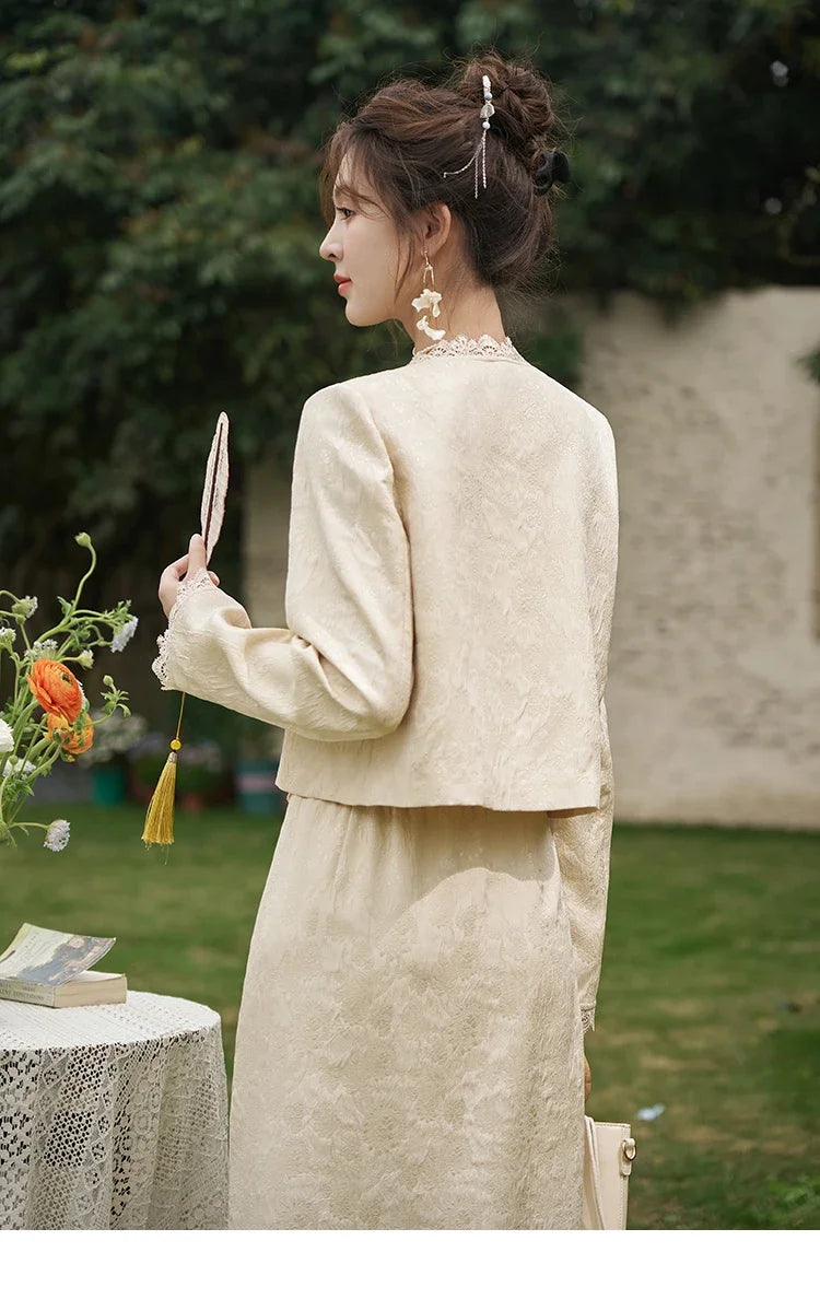 Mishow Chinese Lace Edge Jacket & Front Split Midi Skirt Set MXD15W0370