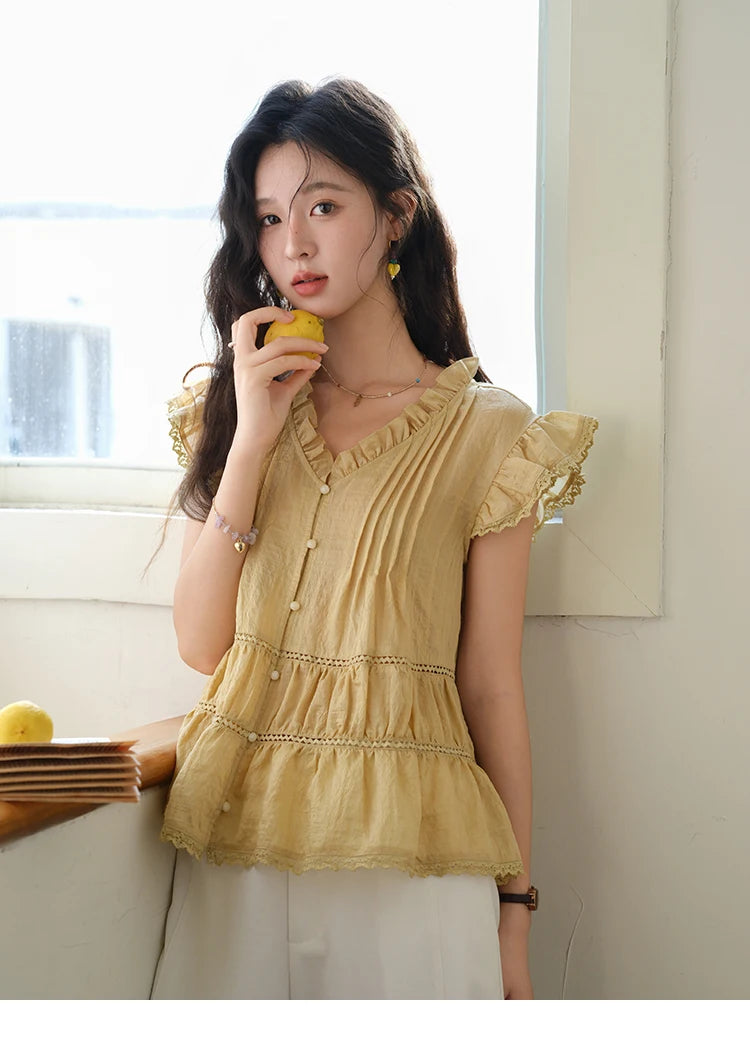 MISHOW Wood Ear V-Neck Shirt Flying Sleeve Wrinkle Spliced MXE37X1908