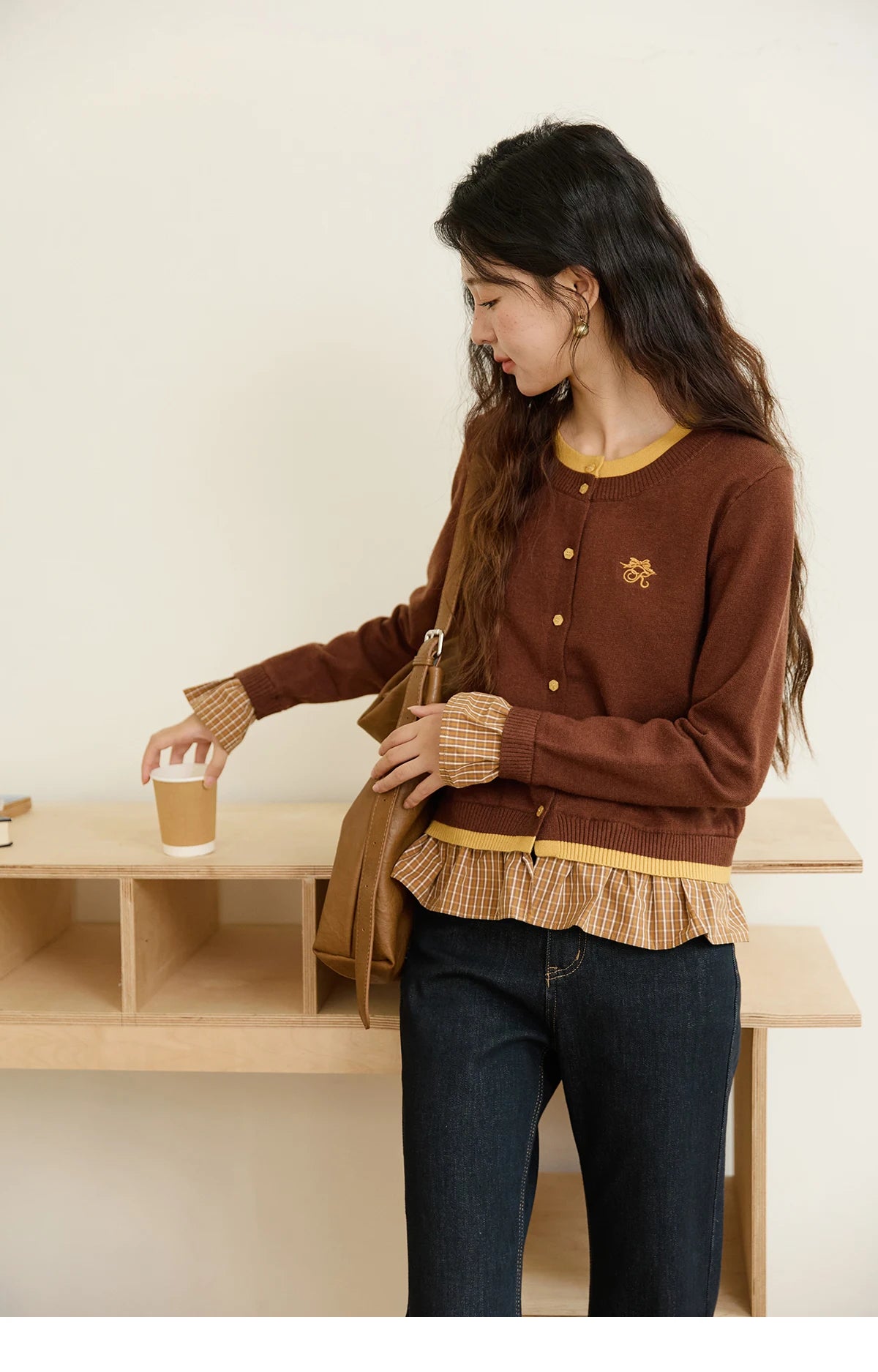 Mishow Fake Two Bow Embroidered Plaid Splicing Sweater MXE46Z2495