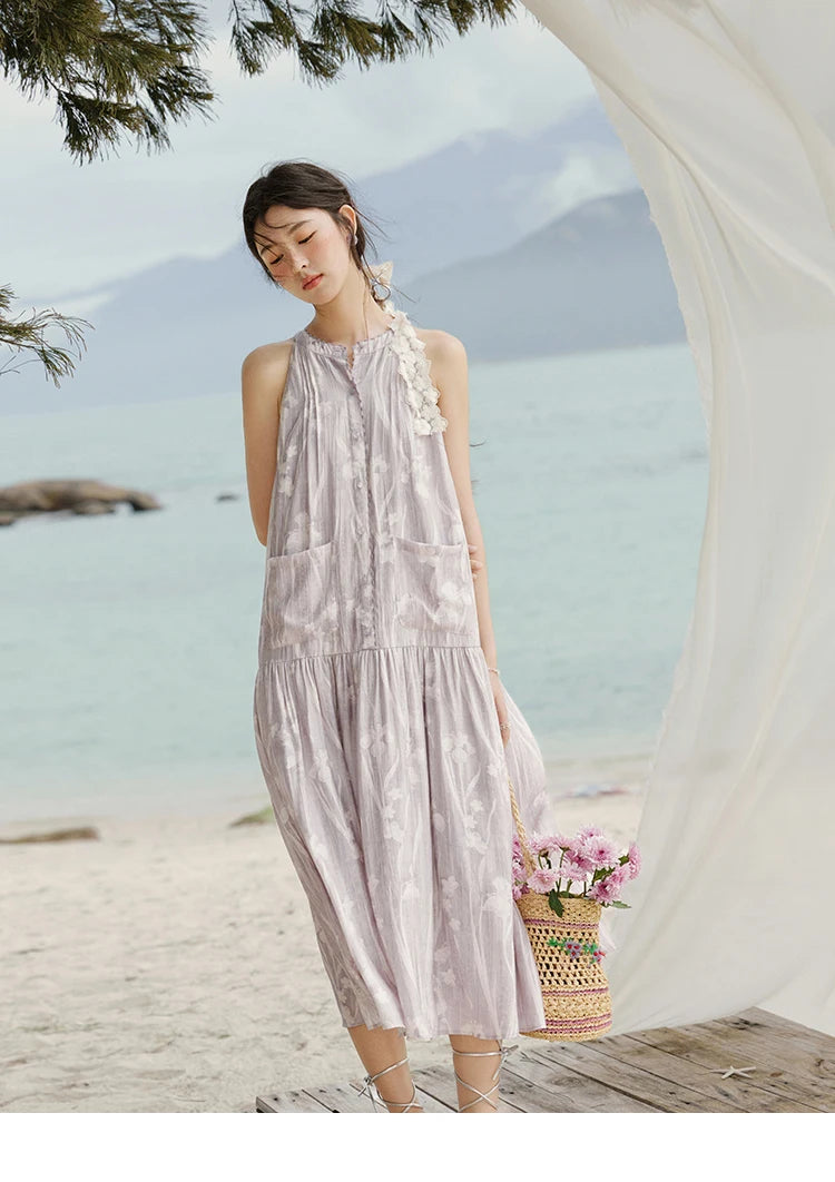 Mishow Purple Print Chiffon Stand Collar Dress MXE32L2163