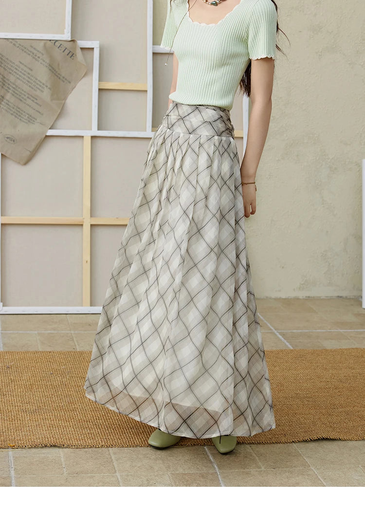 MISHOW Apricot Green Retro Plaid Skirt Pleated Chiffon High Waist A-Line MXE35B0747