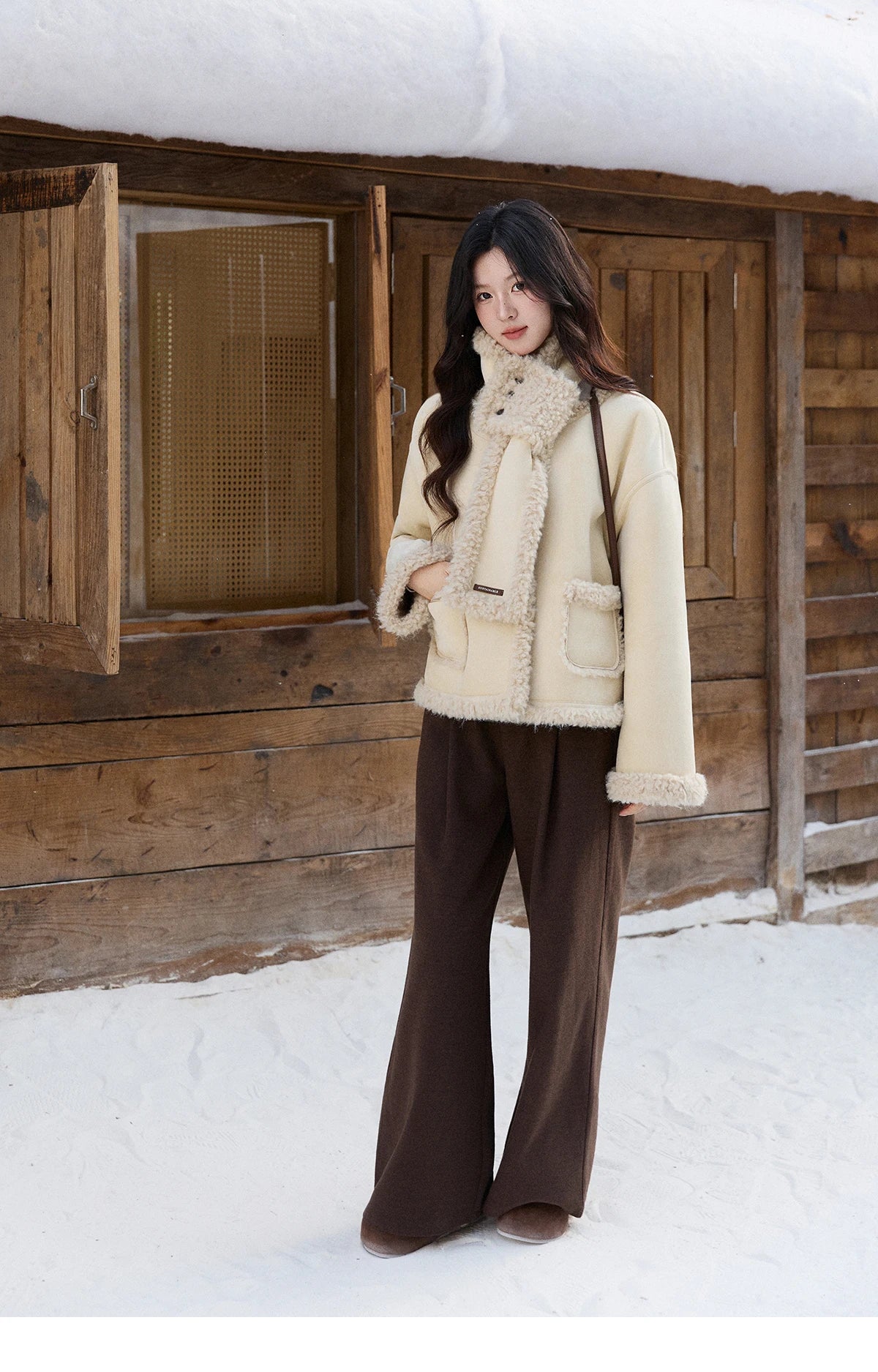 Mishow Cream Yellow Faux Suede Coat with Matching Scarf MXE91W1019
