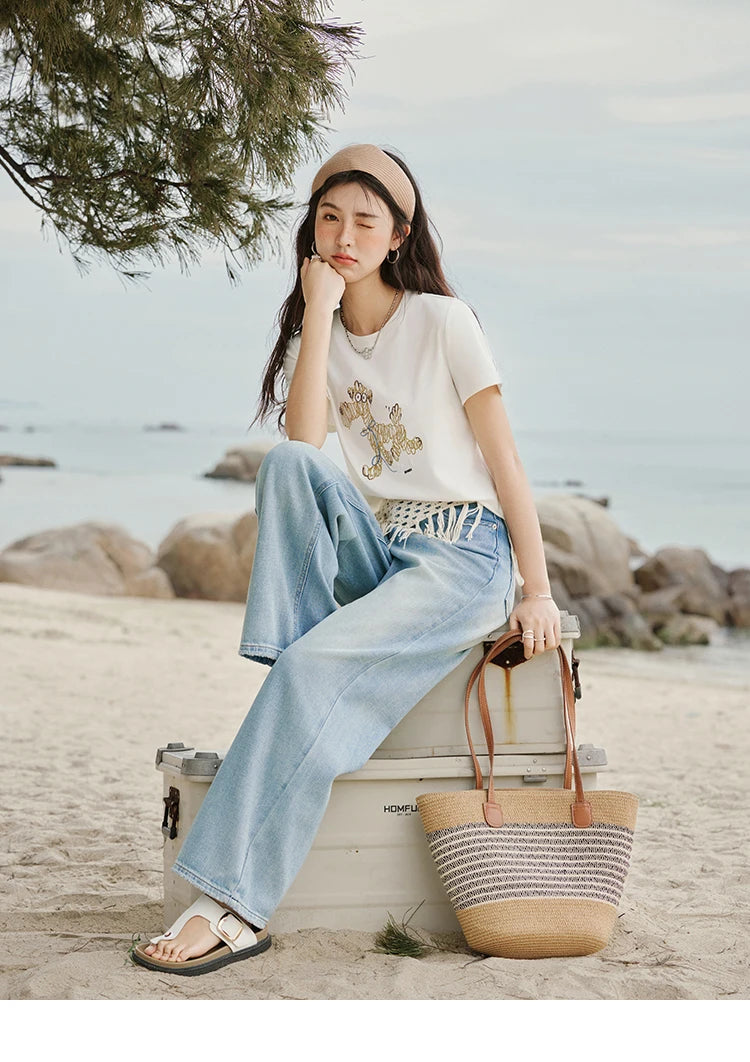 Mishow Cartoon Print Loose Embroidery Tee MXE31T0550