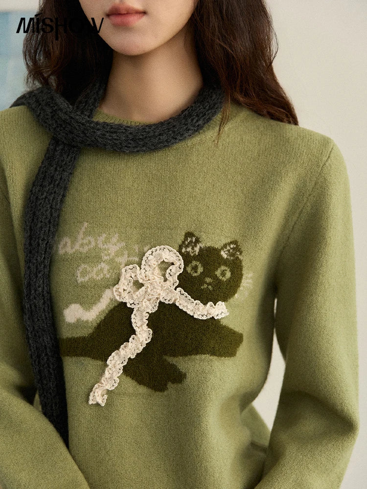 Mishow Cat Jacquard Three-Dimensional Bow Pullover MXE86Z2750