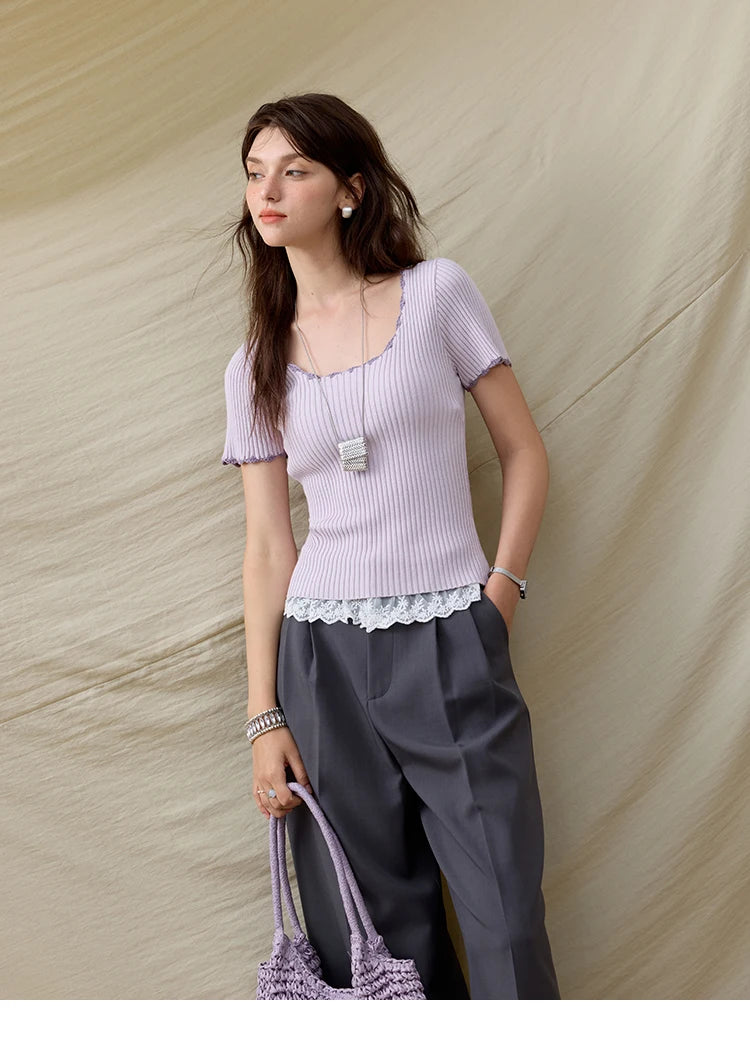 Mishow Office Lady Lace Collar Contrast Hook Top MXE33Z1218