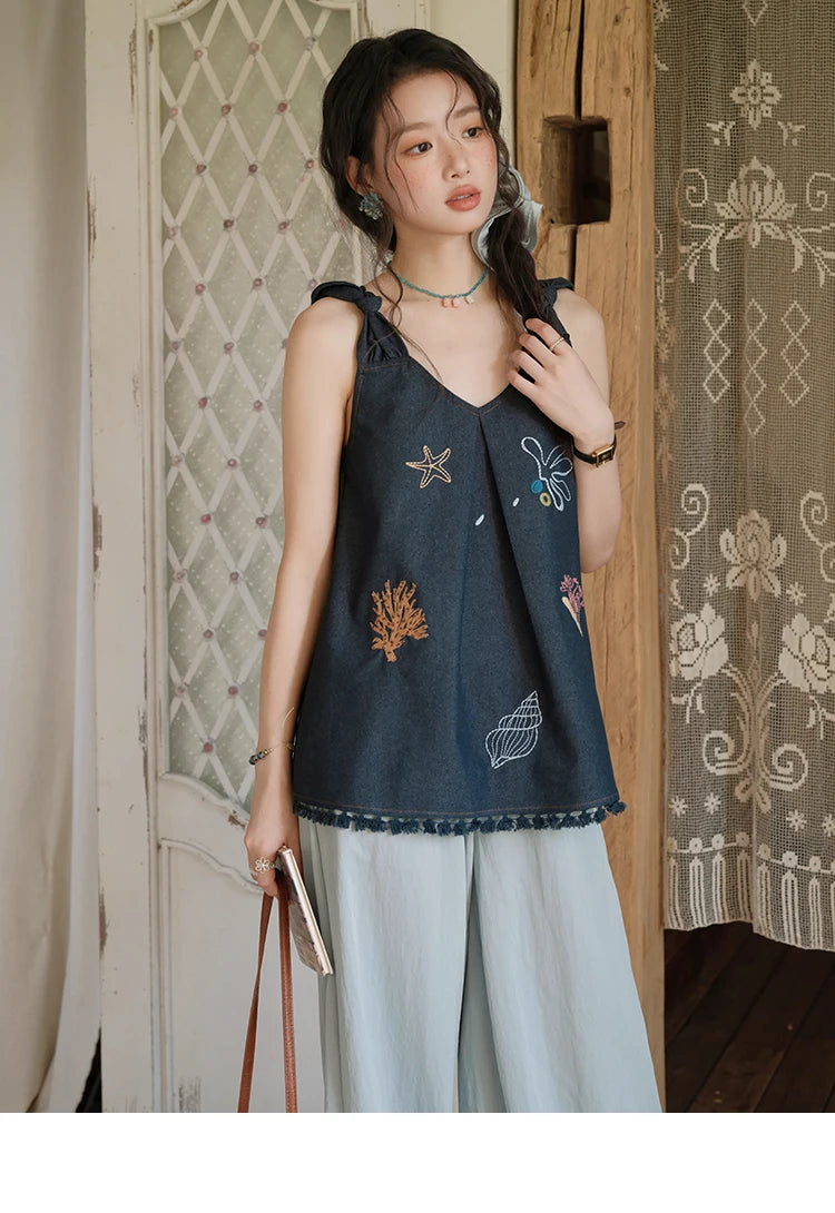 Mishow Embroidery Lace Tassel Denim Vest MXE37X1860