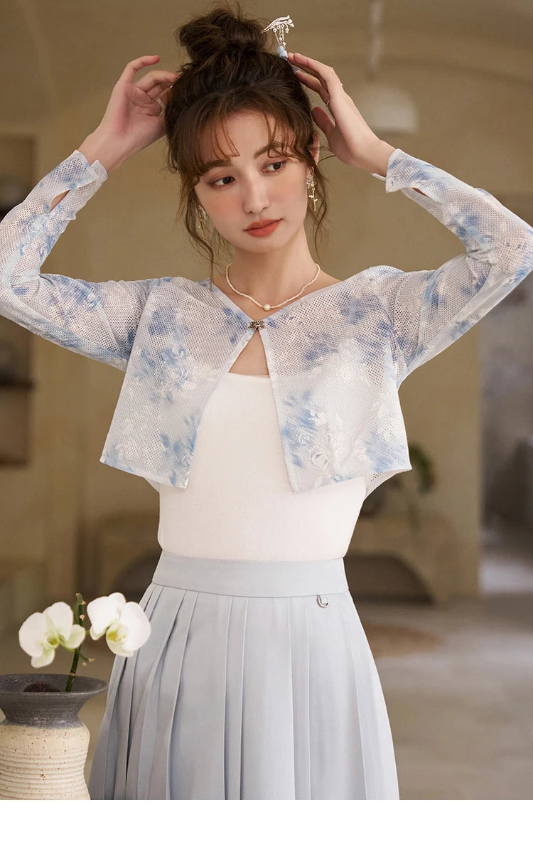 Mishow Elegant Hollow Cardigan & Camisole & Pleated Skirt Set MXD12W0342