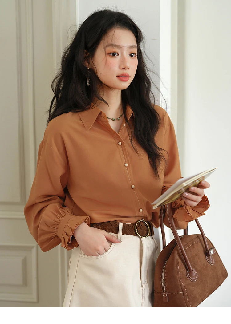MISHOW Women's Color Block Shirt Pleated Cuffs Lapel Top MXE41C2352