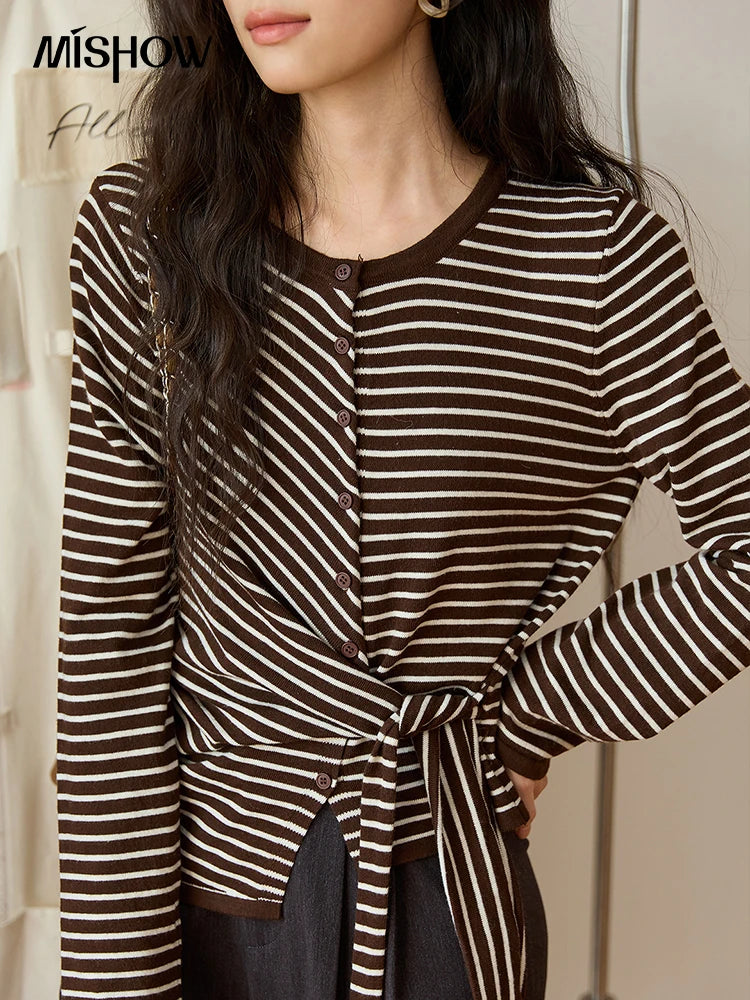 Mishow Coffee Striped Knitted Cardigan Sweater MXE46Z2537
