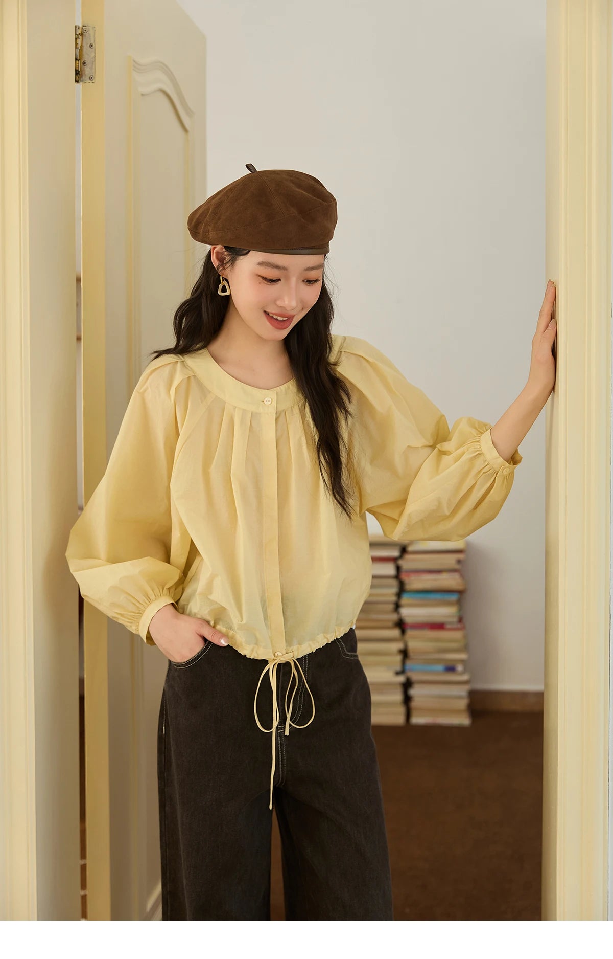 MISHOW Light Yellow Pleated Shirt Drawstring Hem Lantern Sleeve MXE45X2490