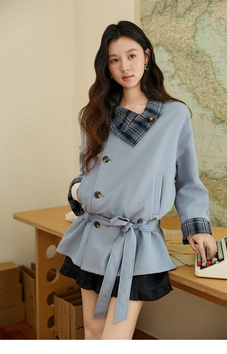 Mishow Blue Plaid Two-Sided Trench Coat MXE48W0871
