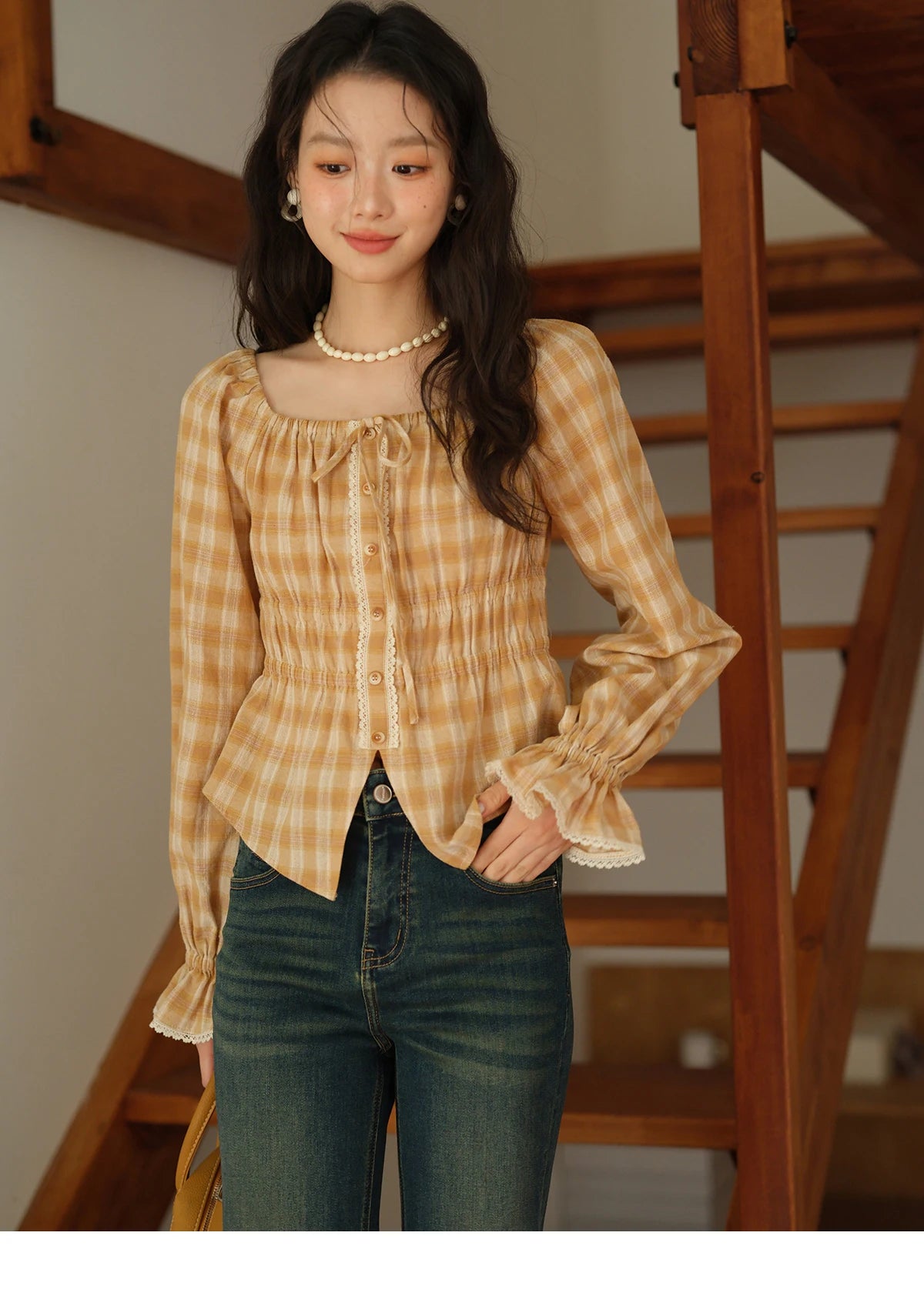 MISHOW Yellow Plaid Blouse Square Neck Puff Sleeve MXE43X1986
