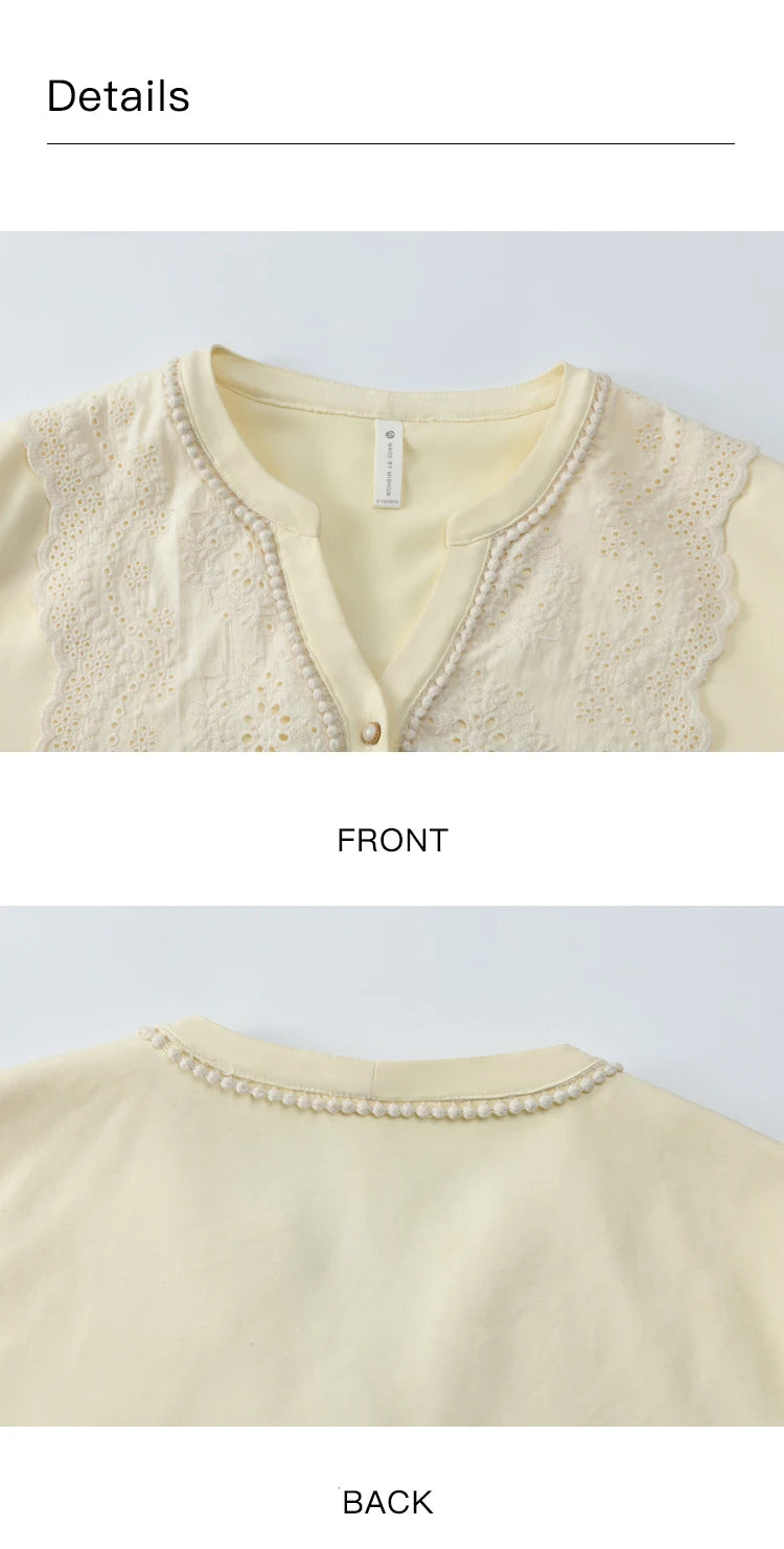 MISHOW French V-Neck Blouse Lace Lantern Sleeve Drawstring Waist MXD45X1660