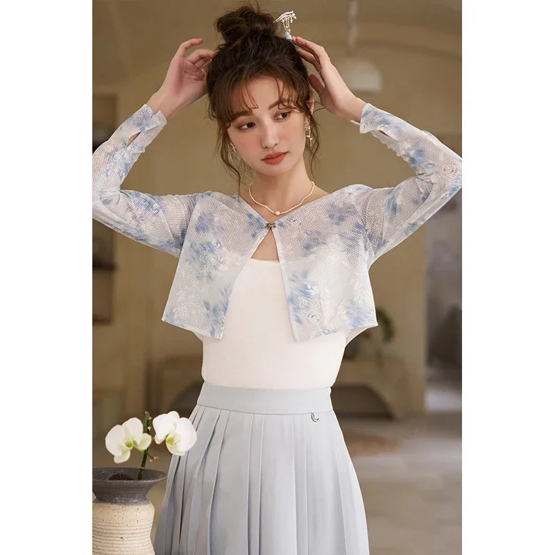 Mishow Elegant Hollow Cardigan & Camisole & Pleated Skirt Set MXD12W0342