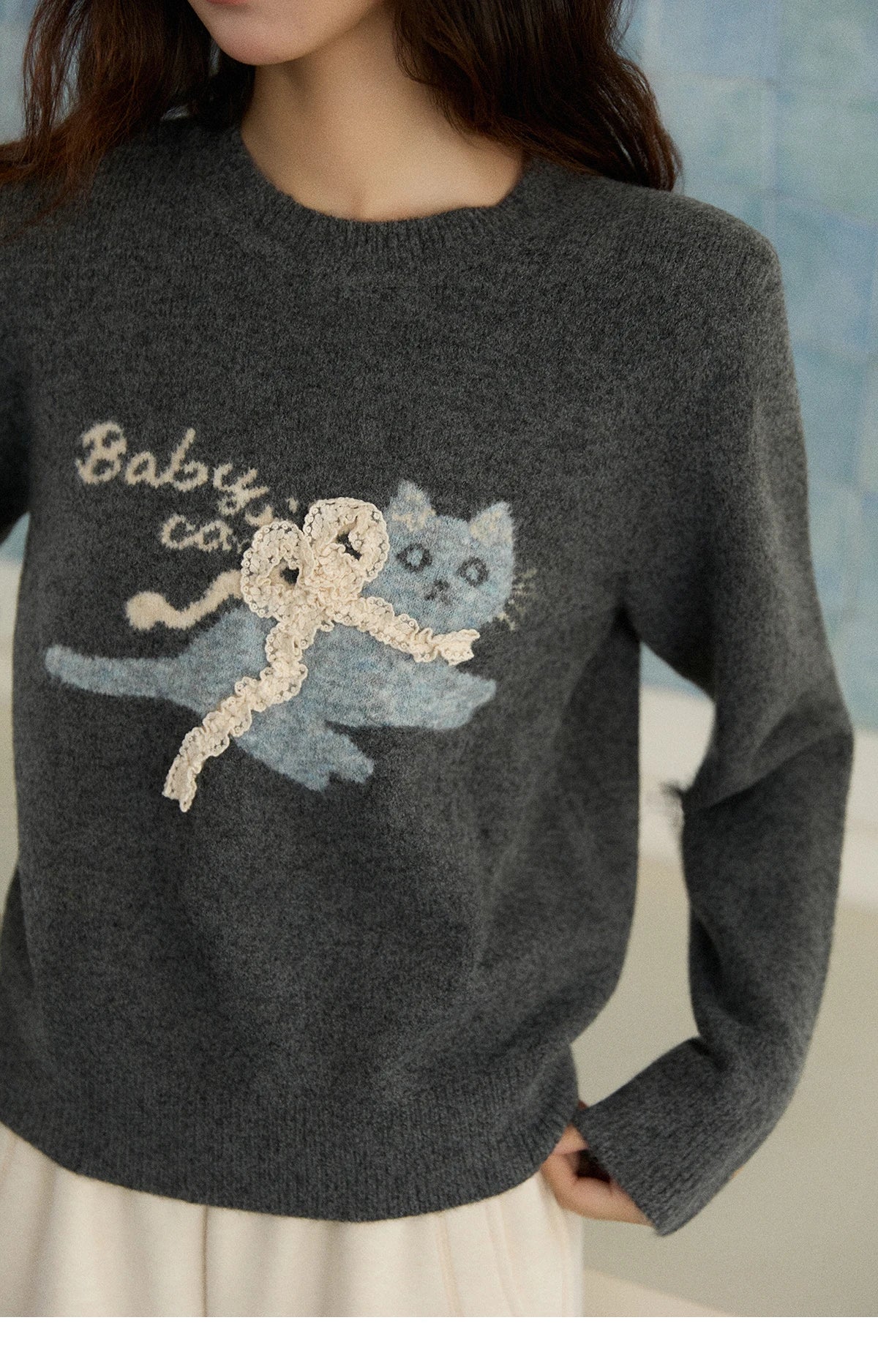 Mishow Cat Jacquard Three-Dimensional Bow Pullover MXE86Z2750