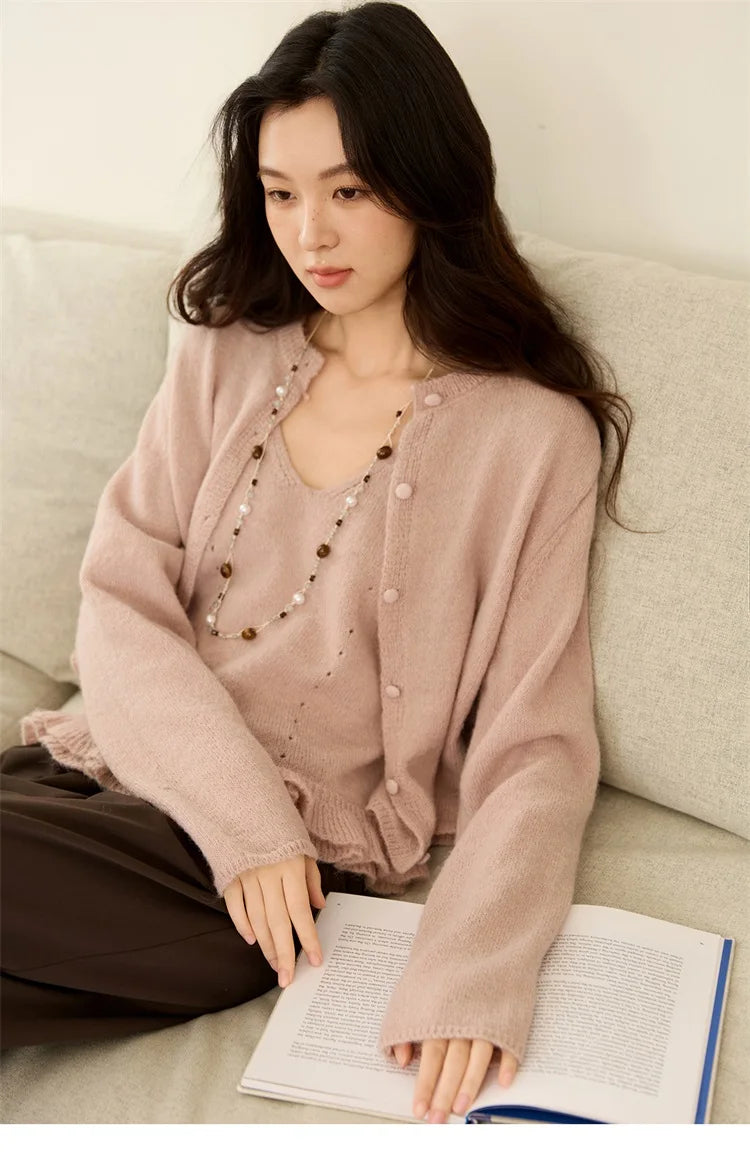 Mishow Pink Crew Neck Cardigan & Suspenders Set MXE48T1404