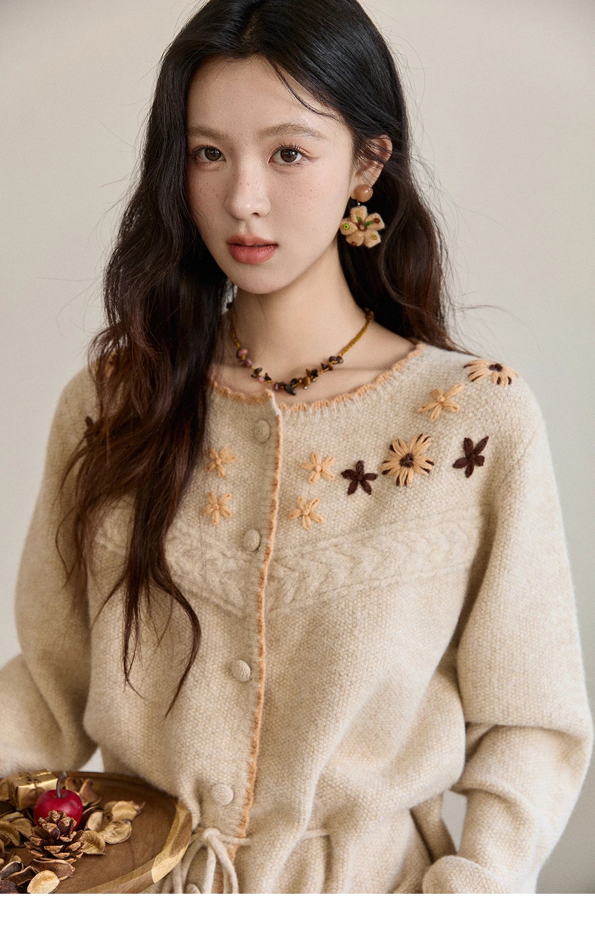 Mishow Apricot Hand-Embroidered Wool Blend Waist Tie Cardigan MXE87Z2702