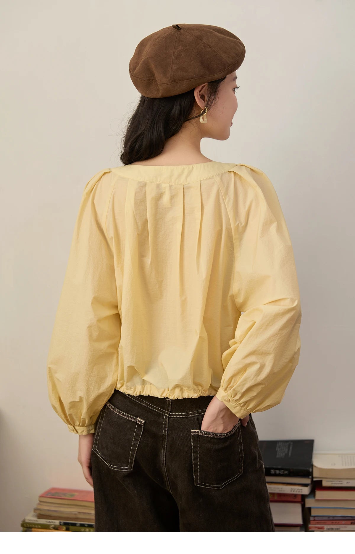 MISHOW Light Yellow Pleated Shirt Drawstring Hem Lantern Sleeve MXE45X2490