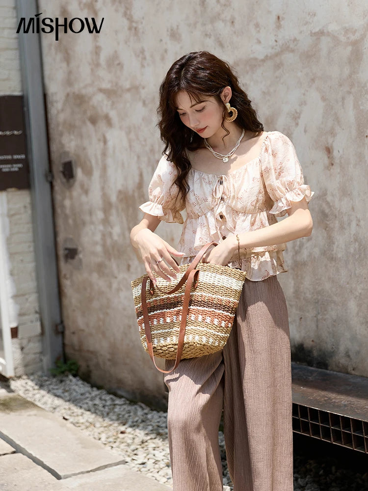 MISHOW Floral Print Square Neck Shirt Bubble Sleeve Patchwork MXD30X1565