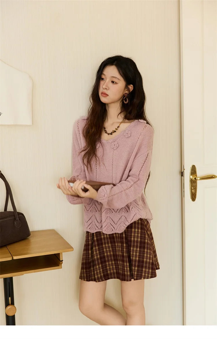 Mishow Purple Hollow Wave V-Neck Crochet Pullover MXE45Z1391